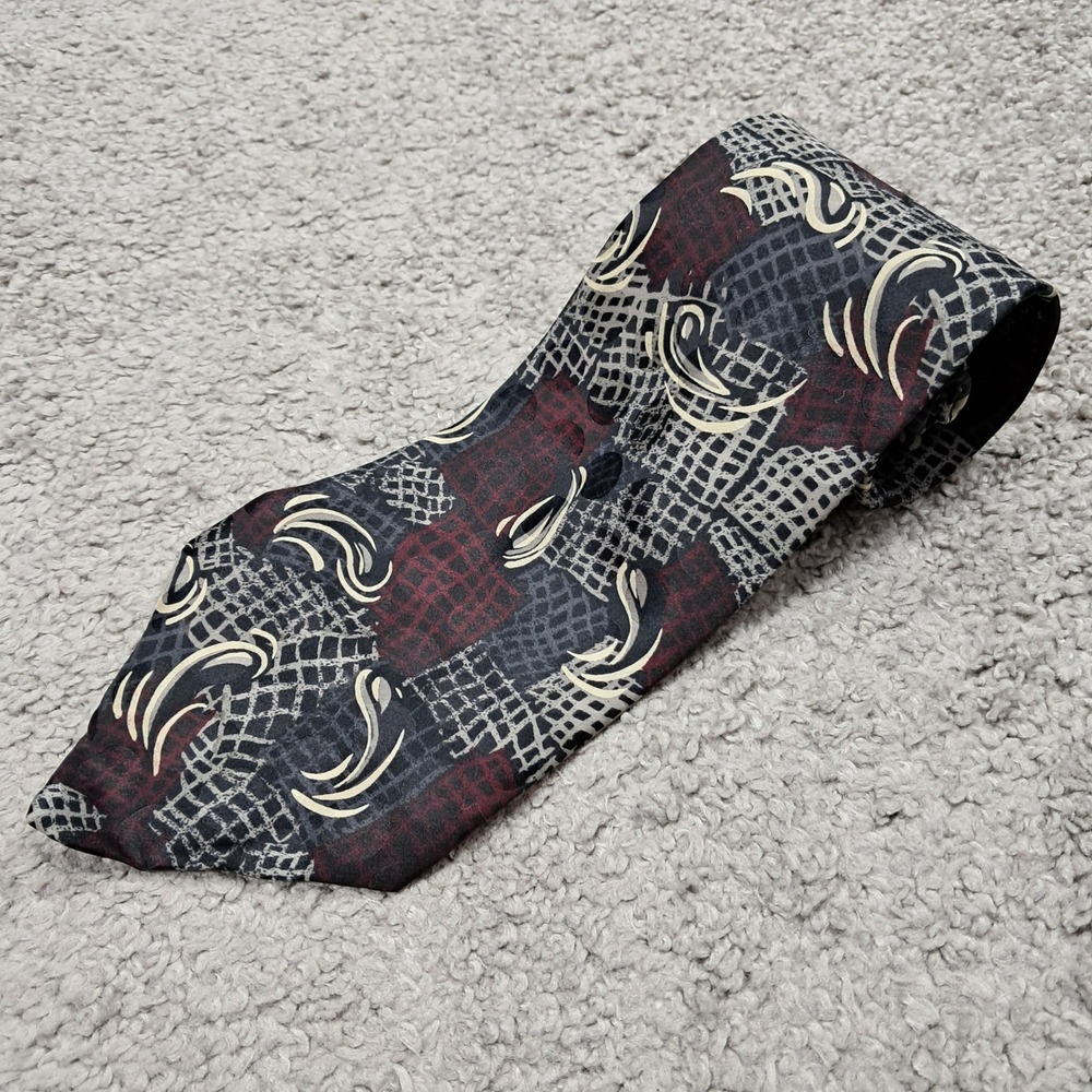 JRR Factory Direct‎ Apparel Mens Silk Tie Burgundy Grey Abstract Geometric USA
